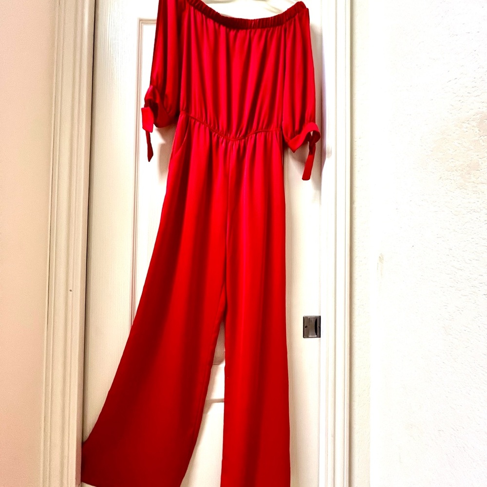 Elegant Red Off-Shoulder Wide Leg Jumpsuit